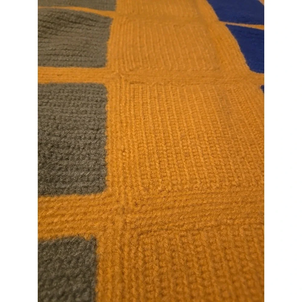 Vintage Crochet Afghan Throw Blanket Handmade 65x36 Yellow Blue Green 1966